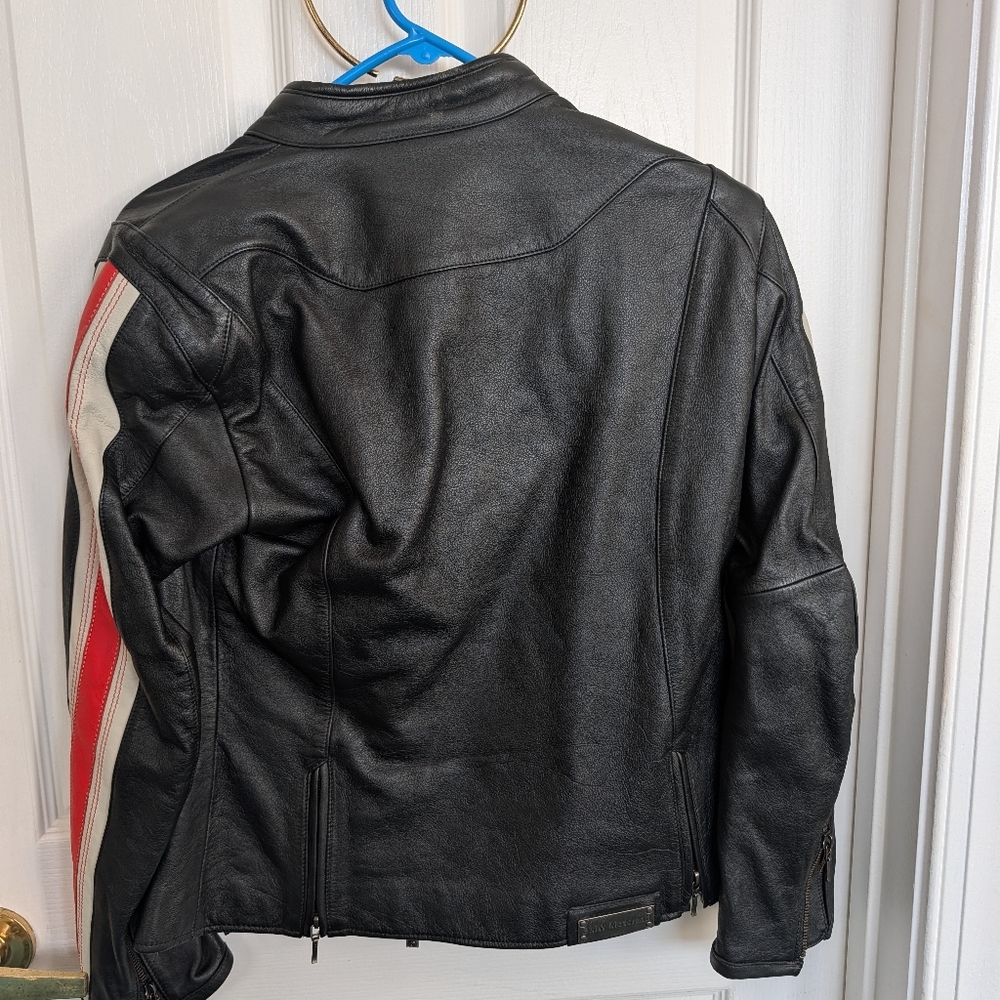 BMW Black Leather Jacket with Red and White Sleeve Stripes - Picture 4 of 4